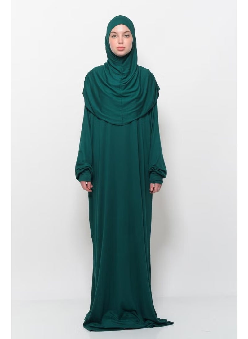 Altobeh Practical One Piece Cotton Bat Sleeves Removable Organic Hijab Prayer Dress with Headscarf - Green - Image 1